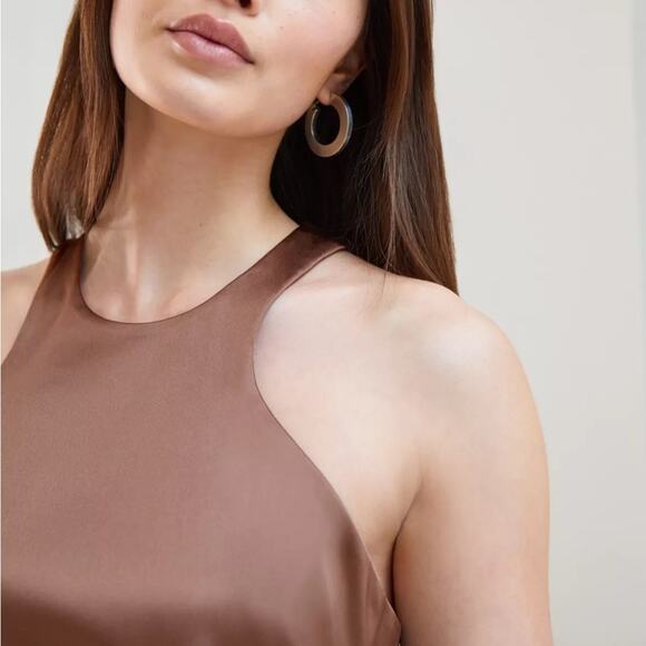 Aritzia Babaton Satin Mini Dress 10 Pressure 90s Taupe High Shine Racer Back - Picture 7 of 16